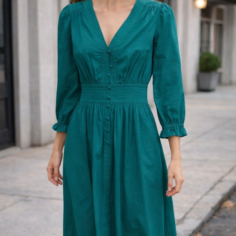 Avara Green Cotton Maxi Dress Long Sleeve Smocked Waist Boho Prairie Dress | L